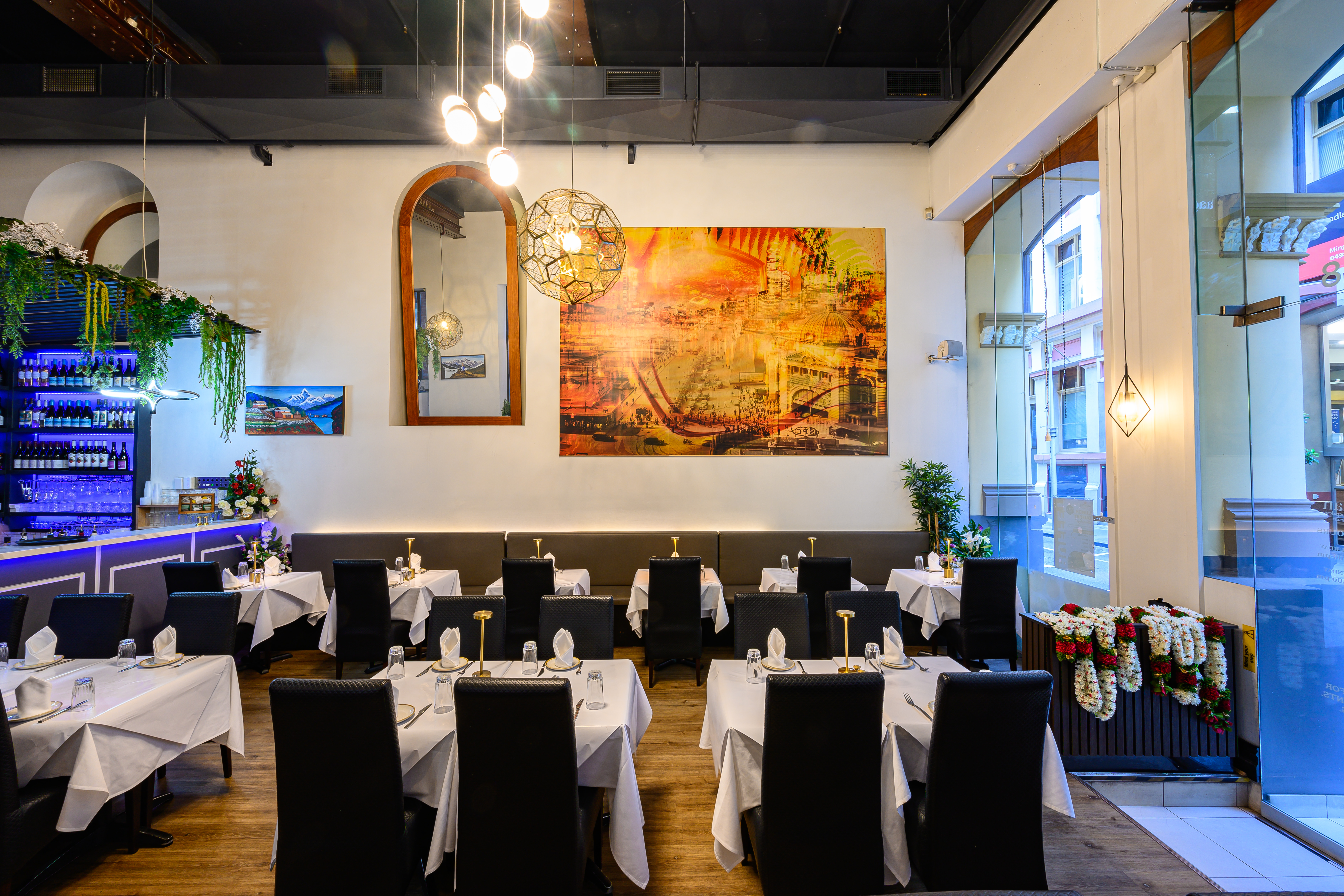 Aagaman Flinders Lane — dining room facing Flinders Street Station artwork